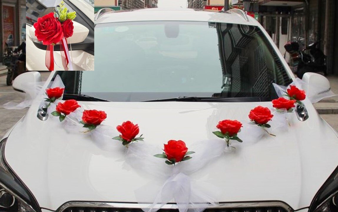 Hochzeitsauto Dekoration in Weiss-Rot #KAUF#