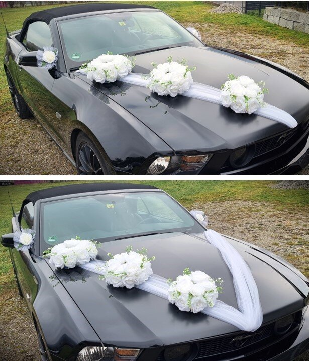 Autodekoration in Weiss mit 3 runden Blumenschmuck #MIETE#
