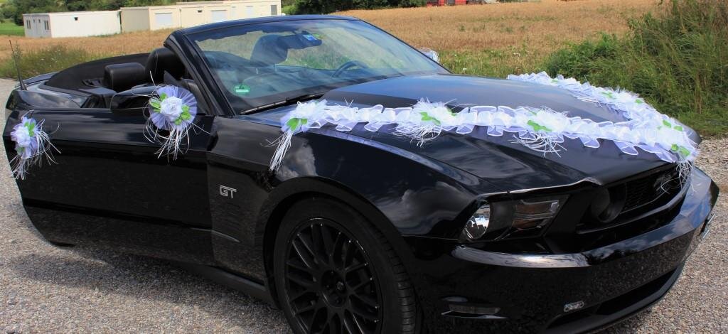 Autodekoration in Weiss-Grün mit Organza-Faltenband #MIETE#